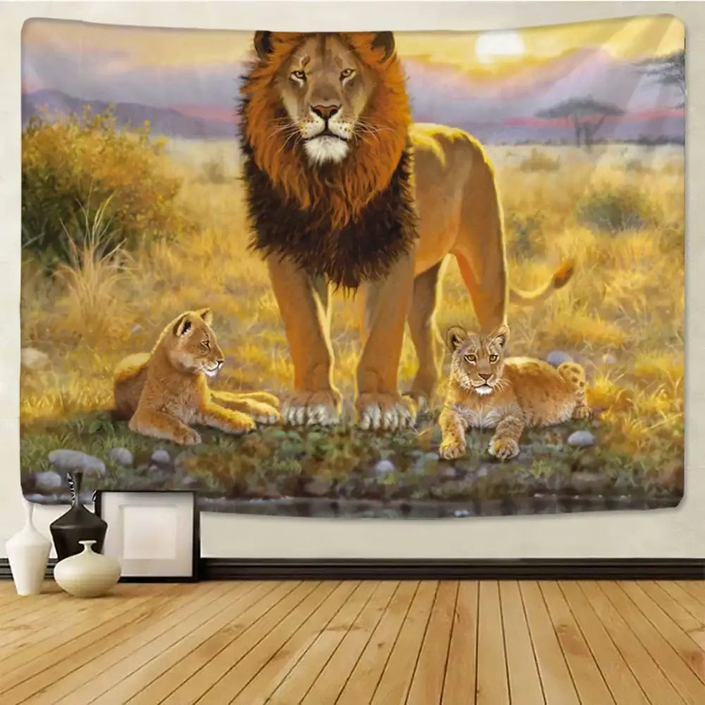 lion tapestry silver grassland animal wall hanging bedroom
