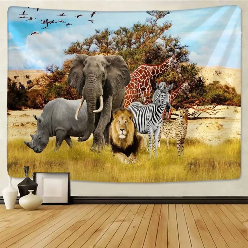 lion tapestry silver grassland animal wall hanging bedroom