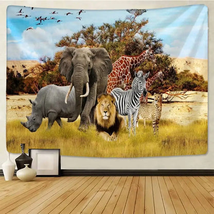 lion tapestry silver grassland animal wall hanging bedroom