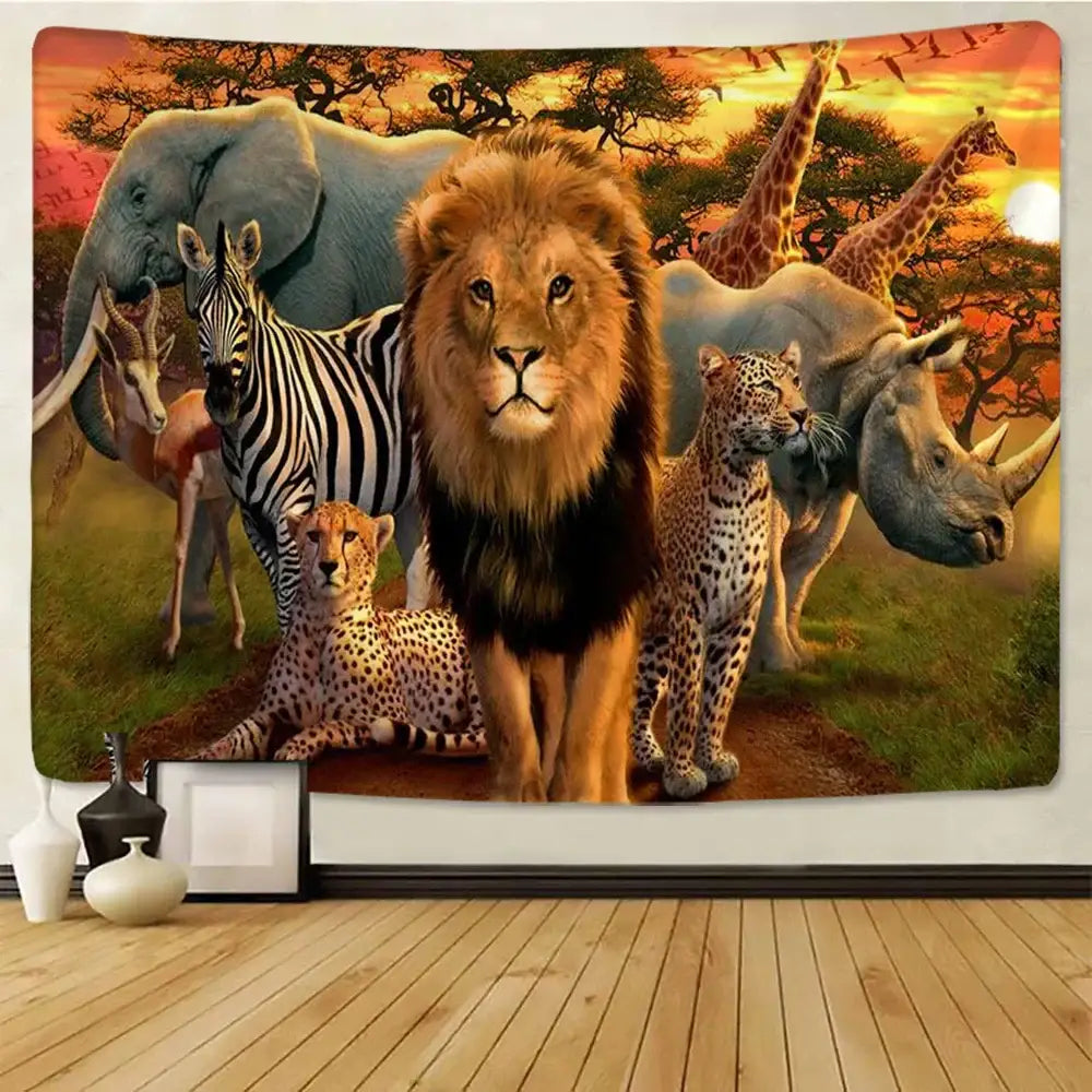 lion tapestry silver grassland animal wall hanging bedroom