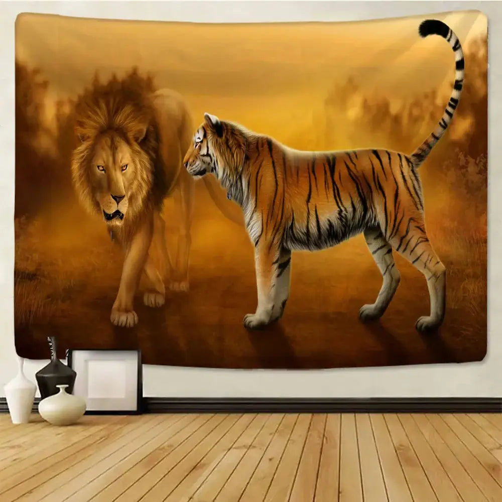 lion tapestry silver grassland animal wall hanging bedroom