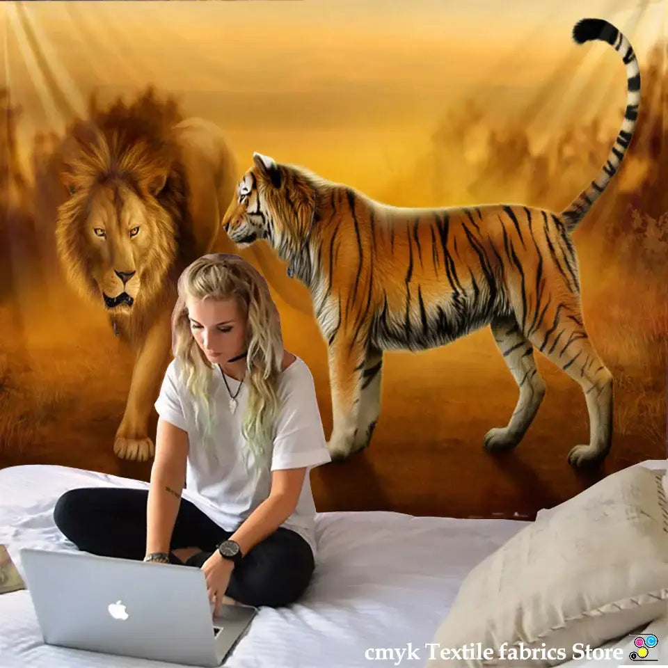 lion tapestry silver grassland animal wall hanging bedroom