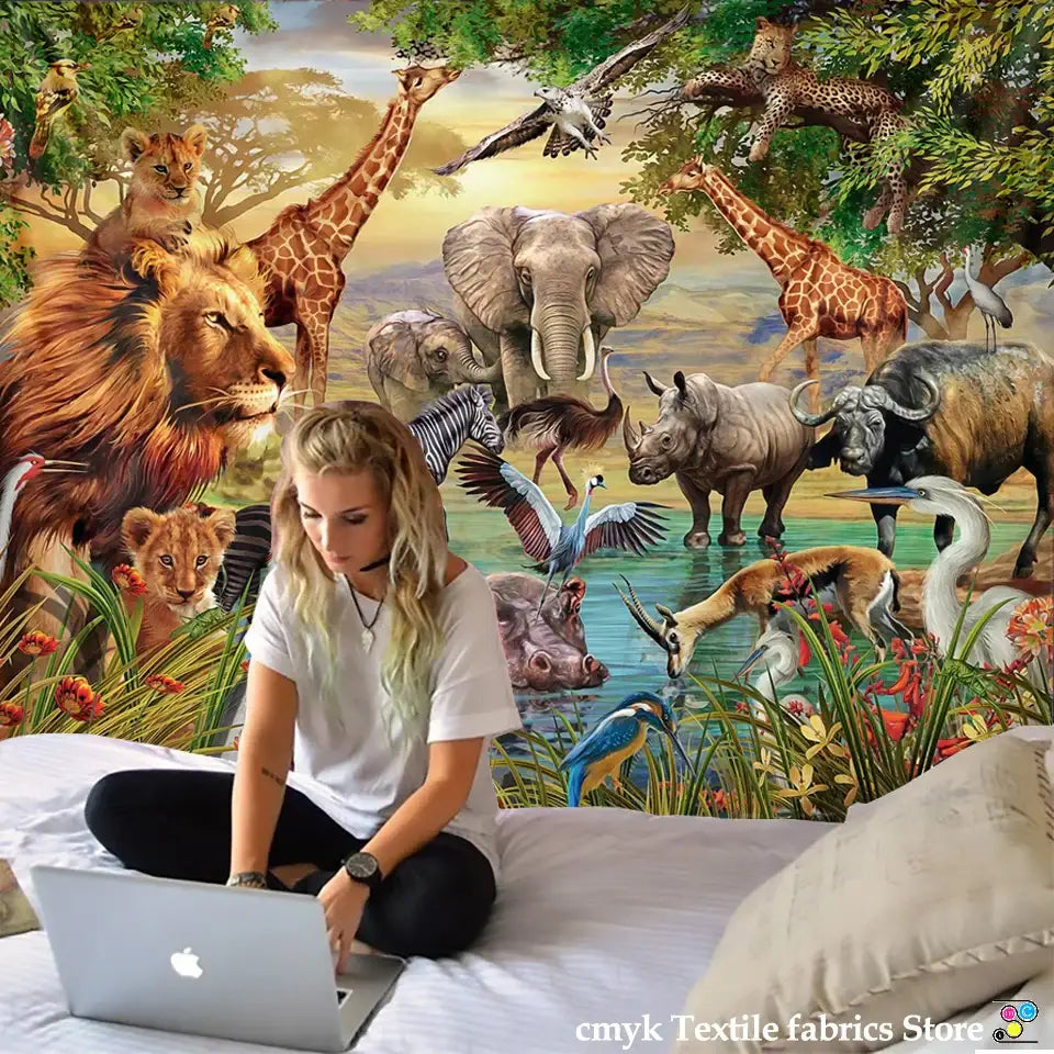 lion tapestry silver grassland animal wall hanging bedroom