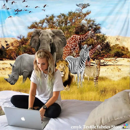 lion tapestry silver grassland animal wall hanging bedroom