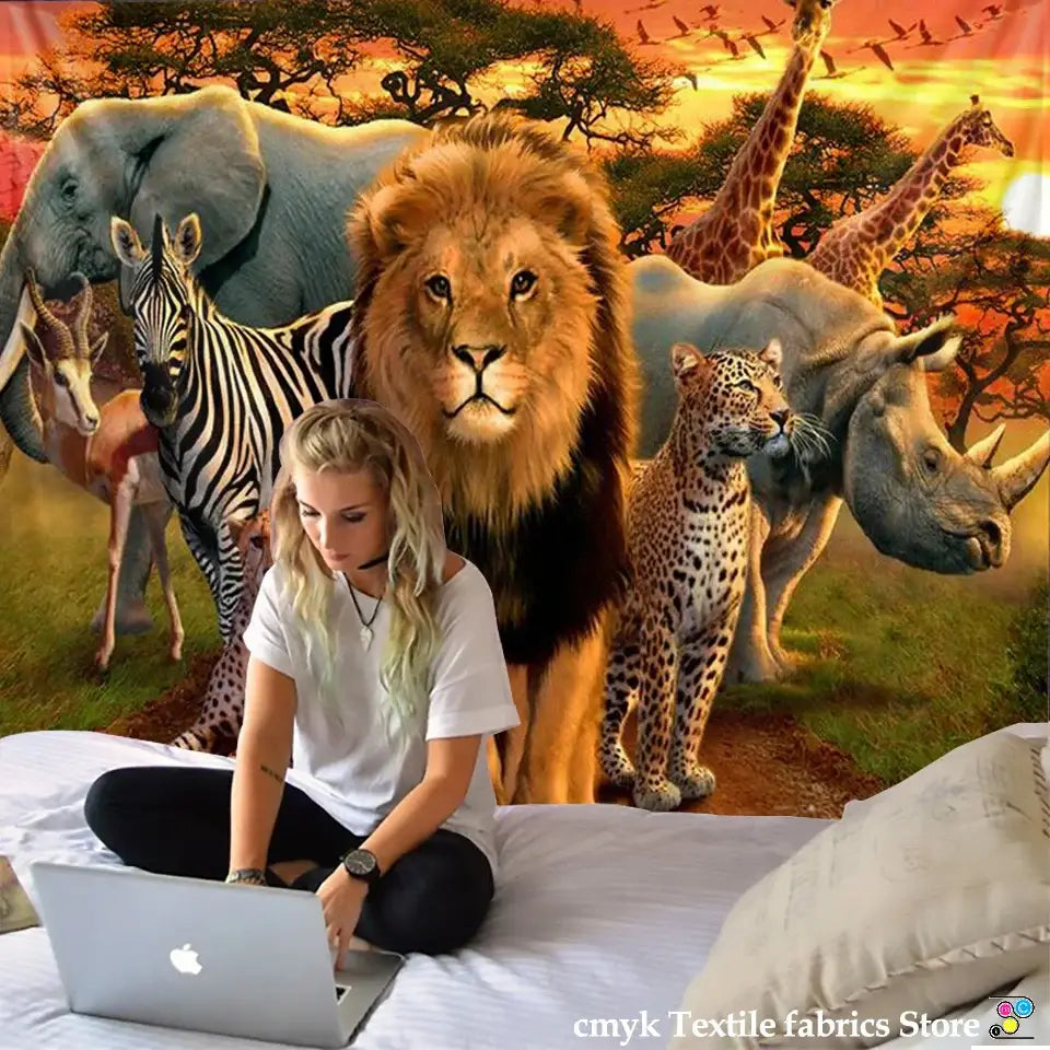 lion tapestry silver grassland animal wall hanging bedroom