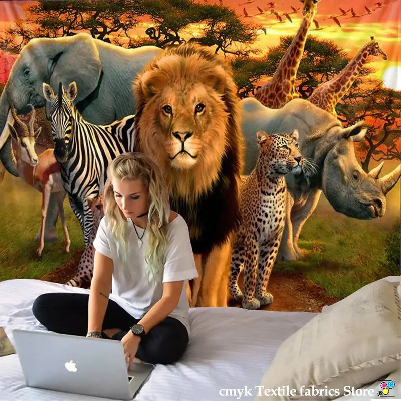 Decorbites lion tapestry silver grassland animal wall hanging bedroom
