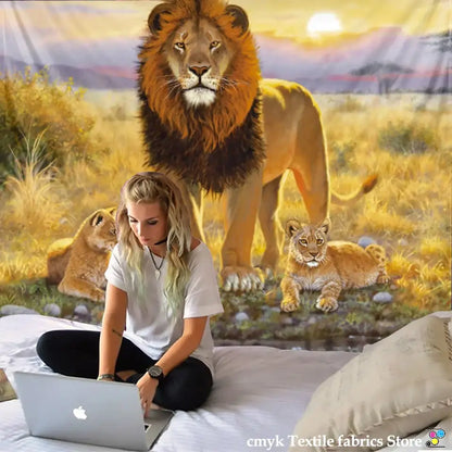 lion tapestry silver grassland animal wall hanging bedroom