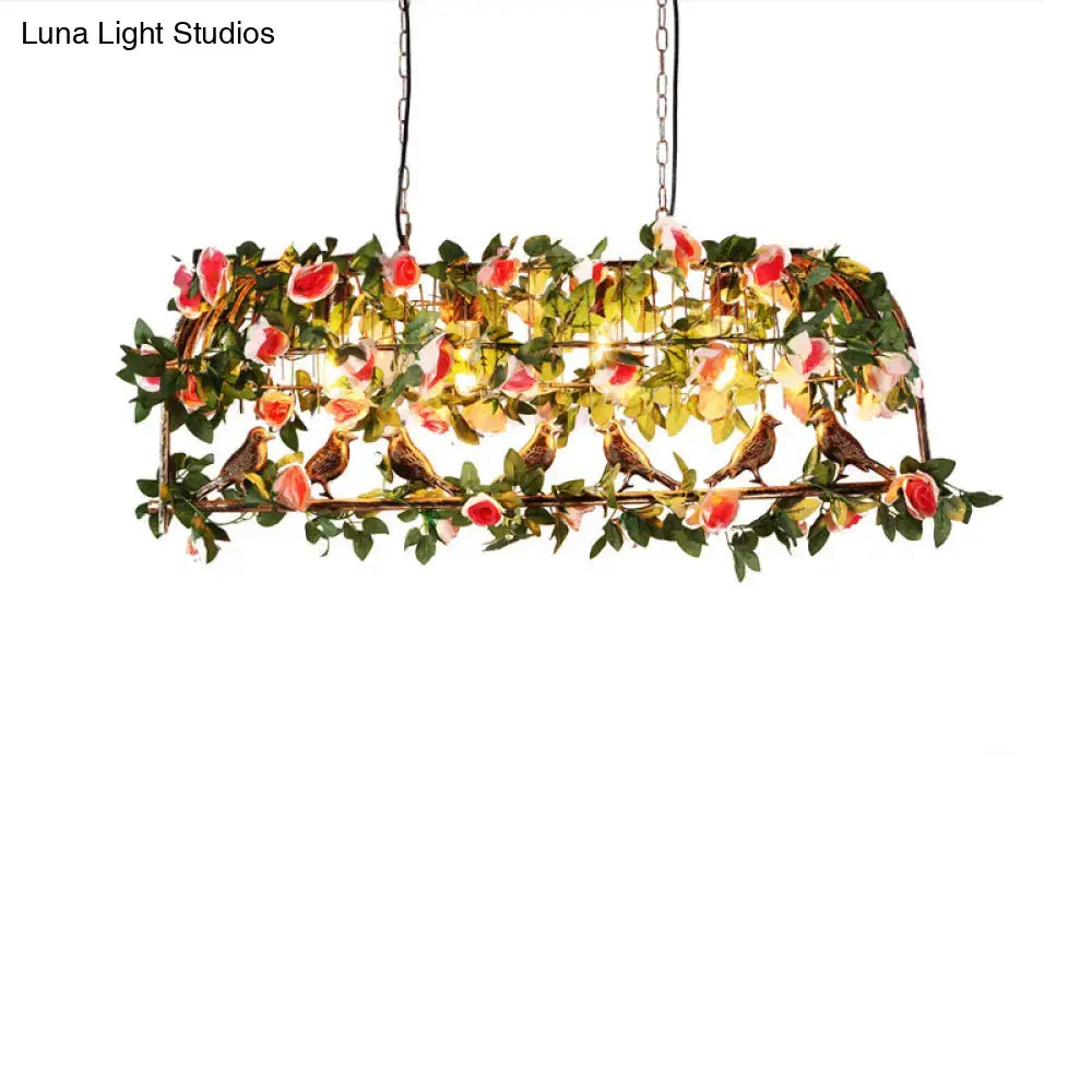 Loft style iron birdcage pendant light pink & white flower dining room