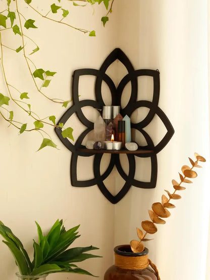 Modern black metal lotus floating wall shelf living room decor