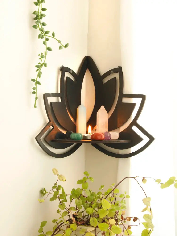 Modern black metal lotus floating wall shelf living room decor