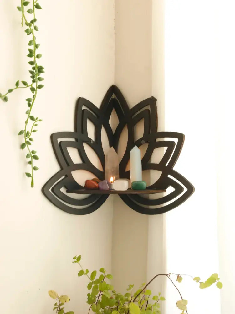 Modern black metal lotus floating wall shelf living room decor