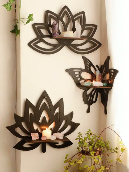 Modern black metal lotus floating wall shelf living room decor