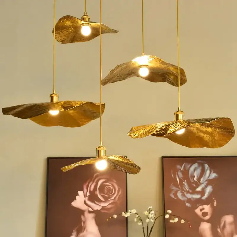 Gold hammered lotus flower pendant light for dining room