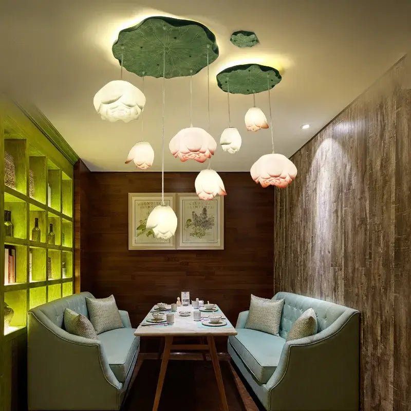 White and pink ceramic lotus glass pendant bedroom light