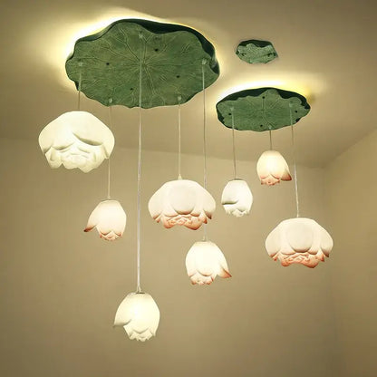 White and pink ceramic lotus glass pendant bedroom light