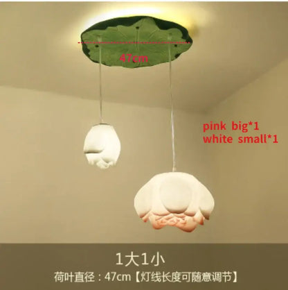 White and pink ceramic lotus glass pendant bedroom light