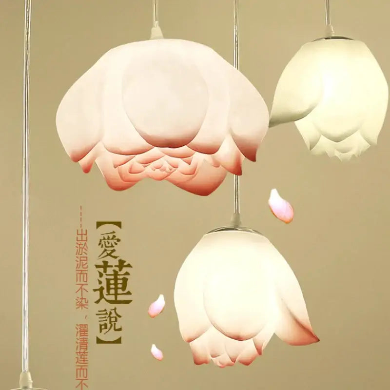 White and pink ceramic lotus glass pendant bedroom light