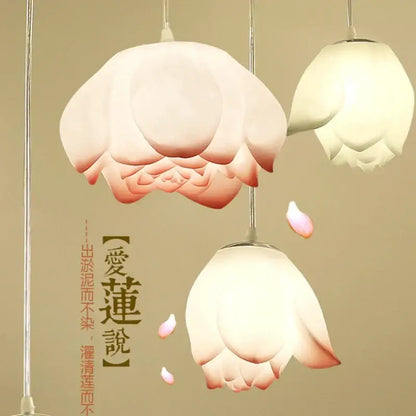 White and pink ceramic lotus glass pendant bedroom light