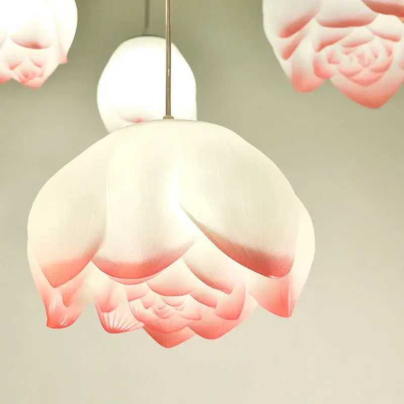 White and pink ceramic lotus glass pendant bedroom light
