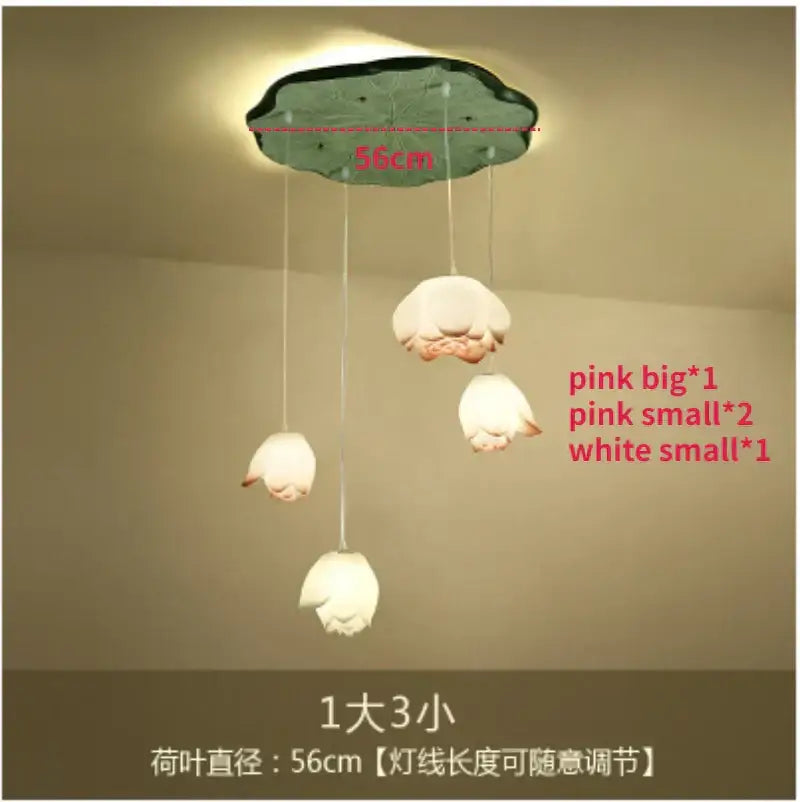 White and pink ceramic lotus glass pendant bedroom light