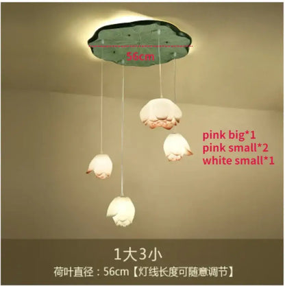 White and pink ceramic lotus glass pendant bedroom light