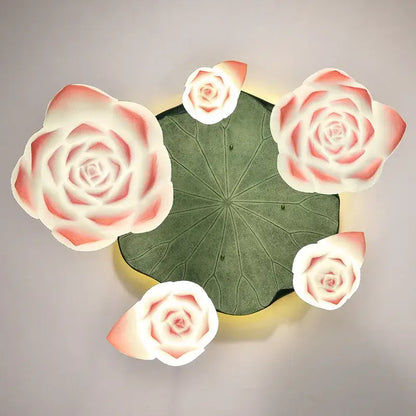 White and pink ceramic lotus glass pendant bedroom light