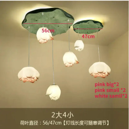 White and pink ceramic lotus glass pendant bedroom light