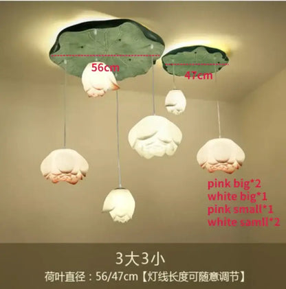 White and pink ceramic lotus glass pendant bedroom light