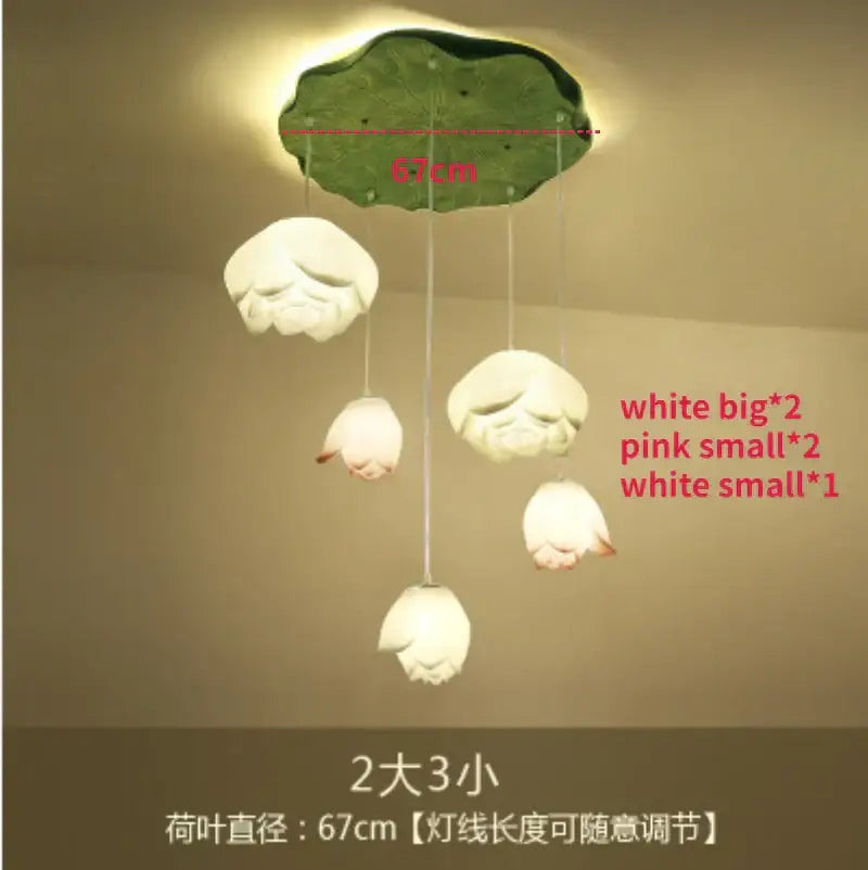 White and pink ceramic lotus glass pendant bedroom light