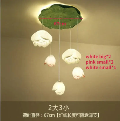White and pink ceramic lotus glass pendant bedroom light