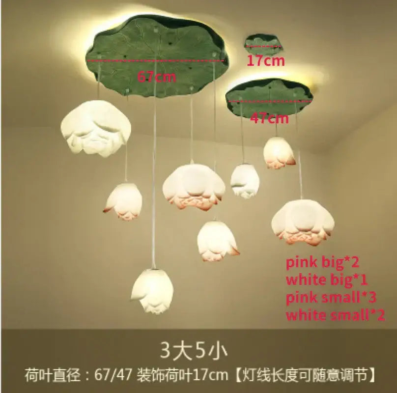 White and pink ceramic lotus glass pendant bedroom light