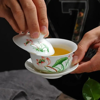 Hand painted lotus white porcelain gaiwan tea set dining room