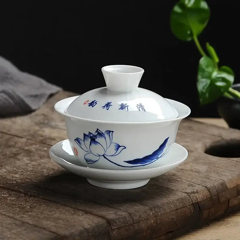 Hand painted lotus white porcelain gaiwan tea set dining room