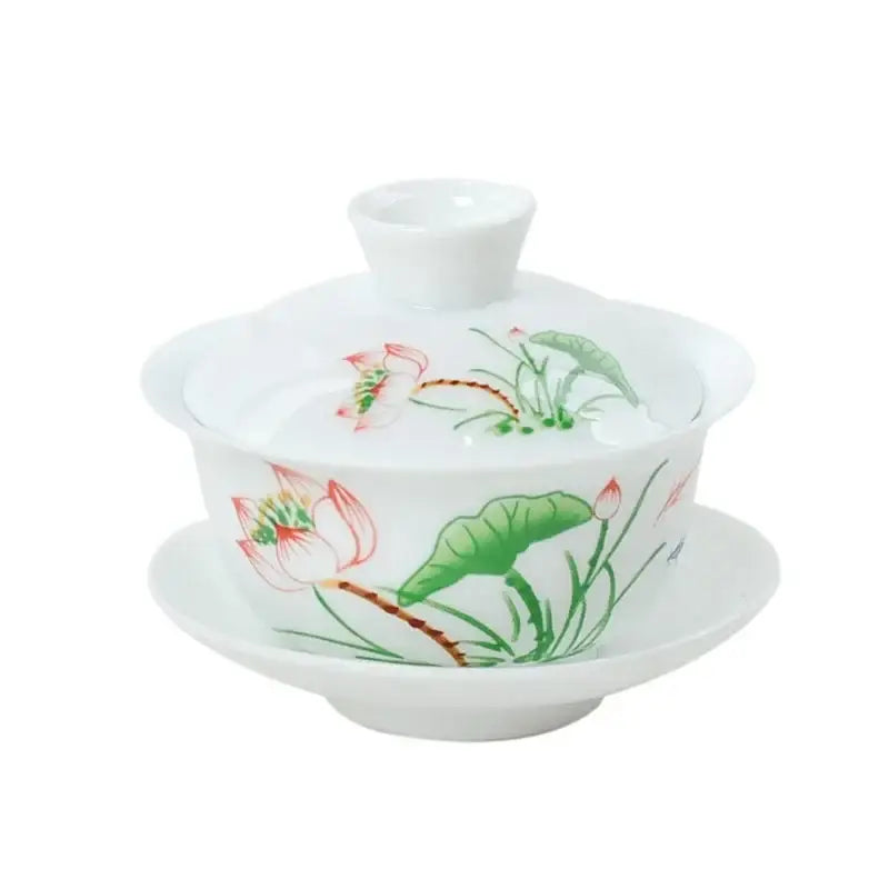 Hand painted lotus white porcelain gaiwan tea set dining room