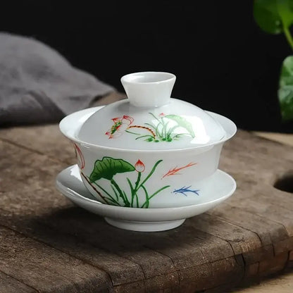 Hand painted lotus white porcelain gaiwan tea set dining room