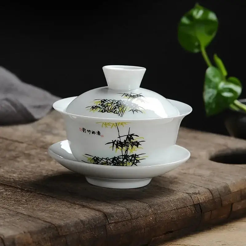 Hand painted lotus white porcelain gaiwan tea set dining room