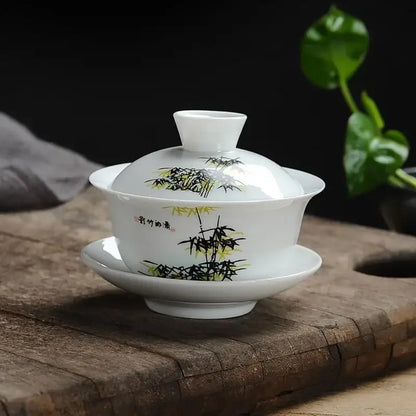 Hand painted lotus white porcelain gaiwan tea set dining room