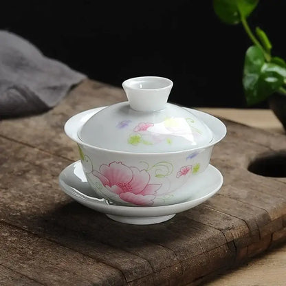 Hand painted lotus white porcelain gaiwan tea set dining room
