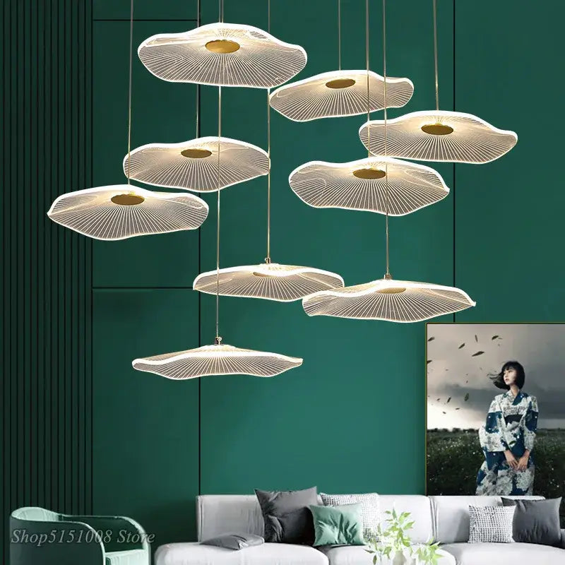 Modern white and gold lotus leaf chandelier living room pendant light