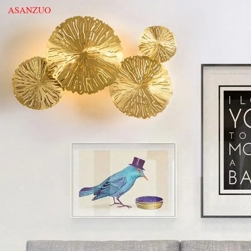lotus leaf golden copper wall lamp bedroom art light
