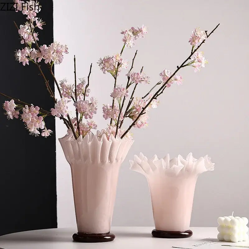Blush pink lotus leaf edge ceramic vase living room decor