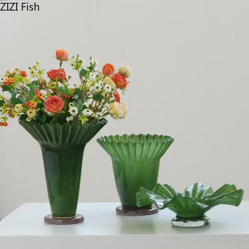 Emerald green lotus leaf glass vase set living room decor