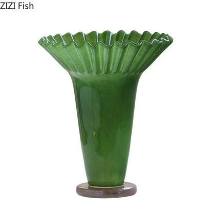 Emerald green lotus leaf glass vase set living room decor