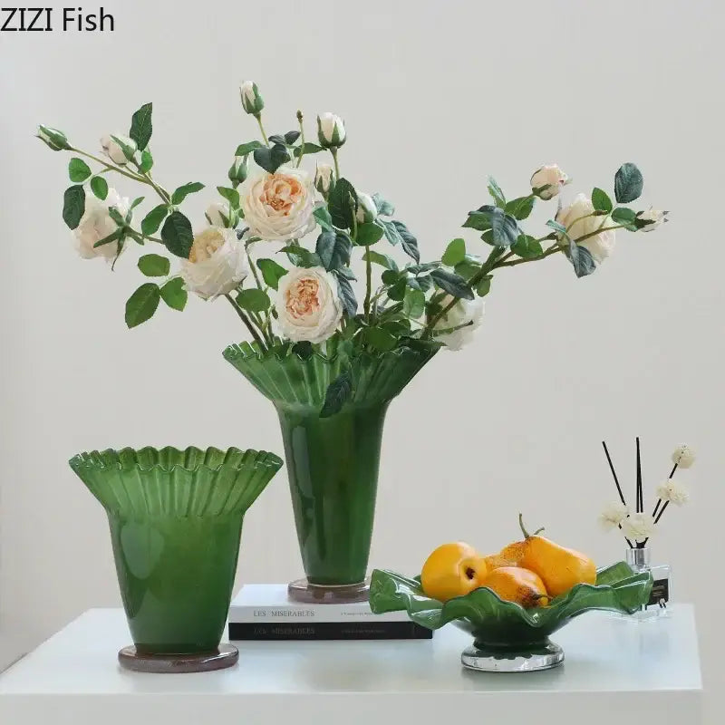 Emerald green lotus leaf glass vase set living room decor