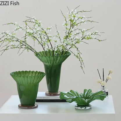 Emerald green lotus leaf glass vase set living room decor