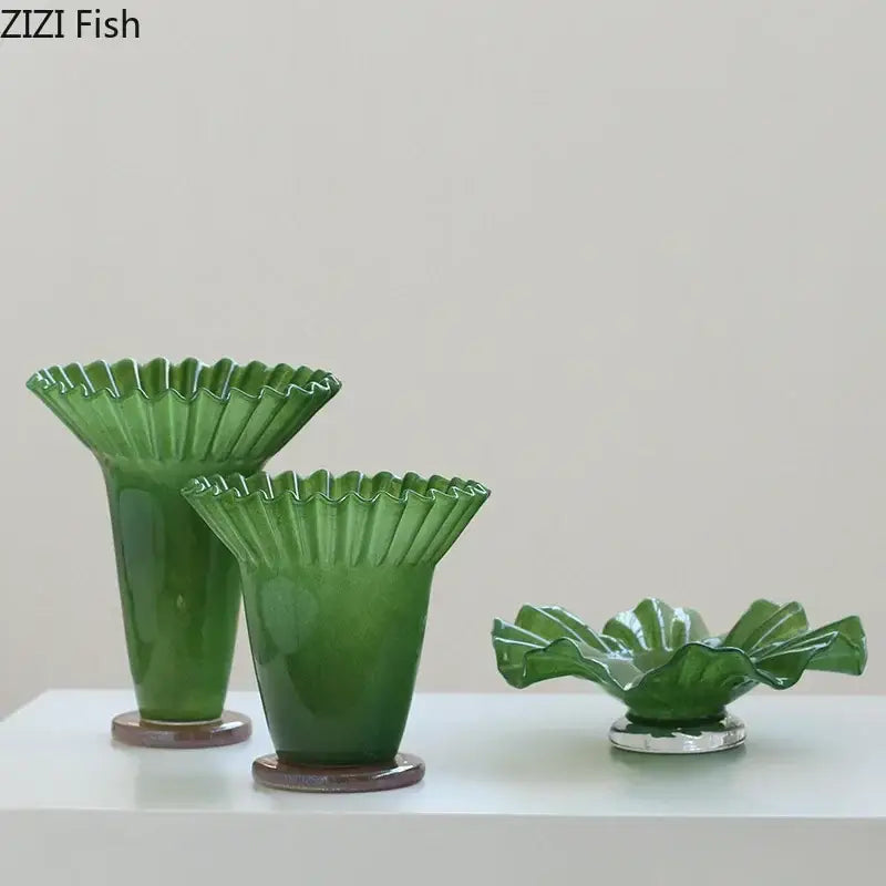 Emerald green lotus leaf glass vase set living room decor