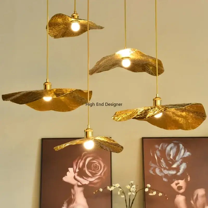 Modern gold hammered lotus leaf led chandelier for dining room
