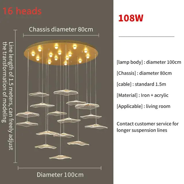 Modern gold lotus leaf led pendant chandelier for living room