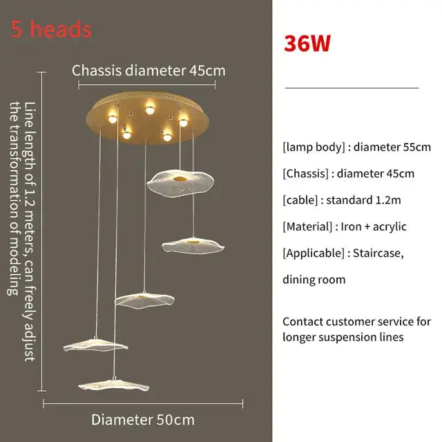 Modern gold lotus leaf led pendant chandelier for living room