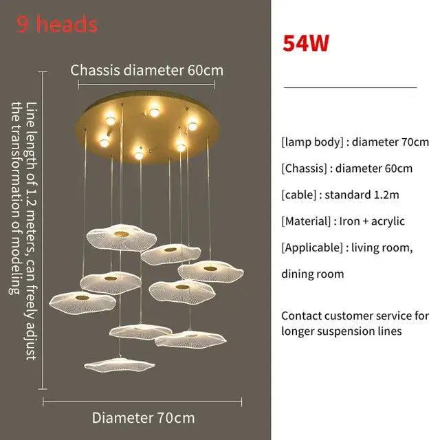 Modern gold lotus leaf led pendant chandelier for living room